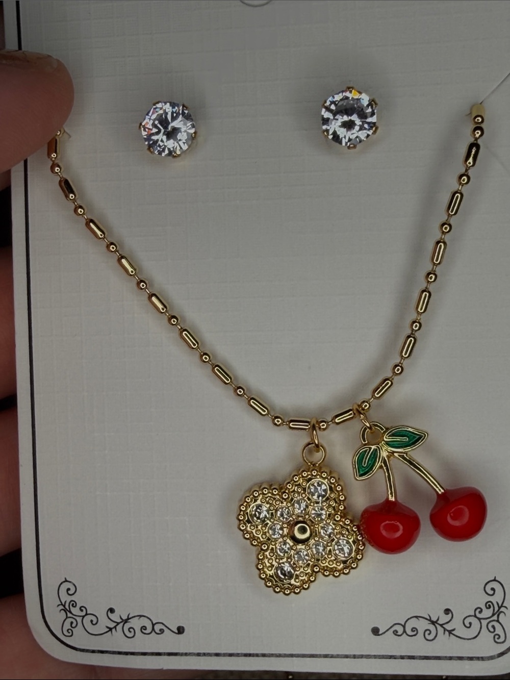 Gold Cherry & Crystal Flower Pendant Necklace - Women Jewelry